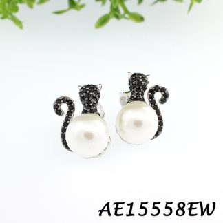 Cat White Pearl Pave CZ Earring-AE15558EW, Matching Sets: PGN25558PW & AR65558RW