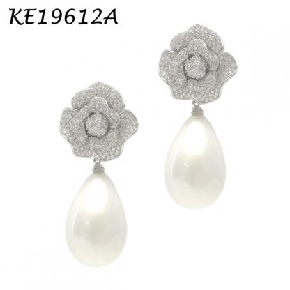 Rose Flower Pave with Large Tear Drop Shell Pearl  Earring - KE19612A