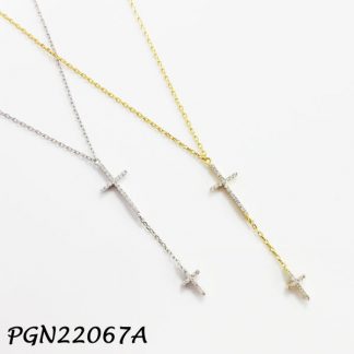 Double Cross Pave Lariat Silver Necklace - PGN22067A