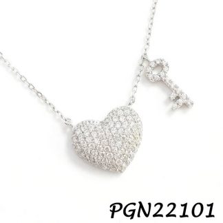 Heart and Key Pave CZ Silver Necklace - PGN22101