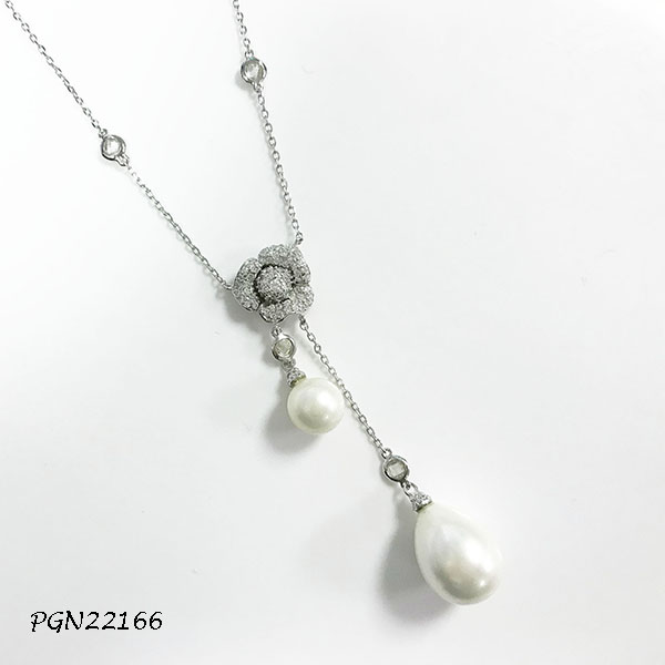 Flower CZ Pave Pearl Drop Necklace - PGN22166