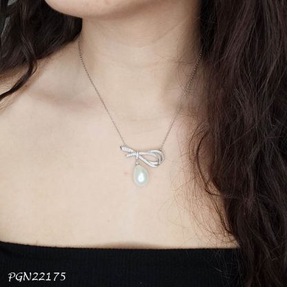 Bow Shaped Pearl Pave Necklace - PGN22175