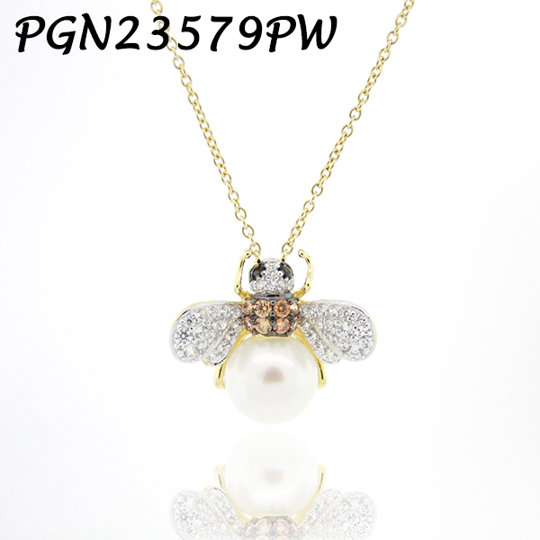 Bee White Pearl Pave Color CZ Necklace - PGN23579PW