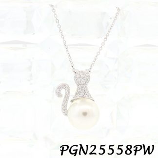 Kitty Cat Pave With Pearl Necklace - PGN25558PW