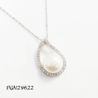 Tear Drop Pave CZ Fresh Water Pearl Necklace - PGN29622
